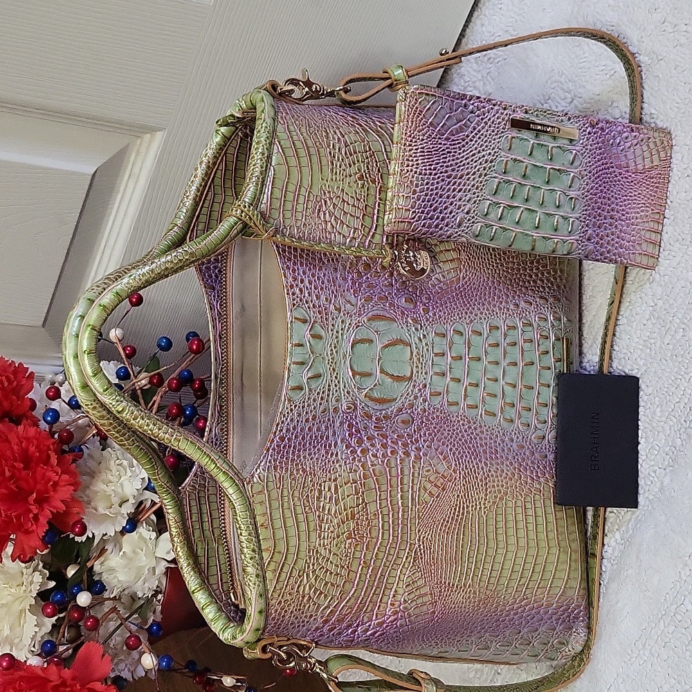 Brahmin Iridescent Green Purple Croc-Embossed Satchel